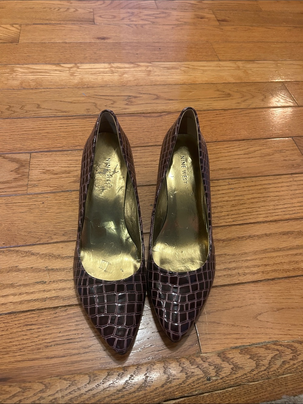 Nine West burgundy Croc-Embossed Pointed Toe Pumps